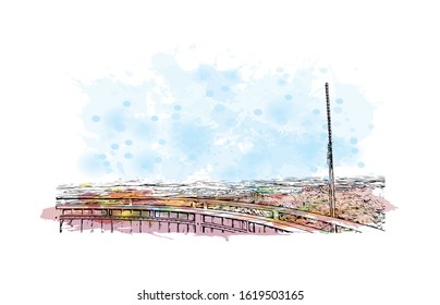 Building view with landmark of Hanover or Hannover is the capital of and largest city in the state of Lower Saxony. Watercolor splash with Hand drawn sketch illustration in vector.
