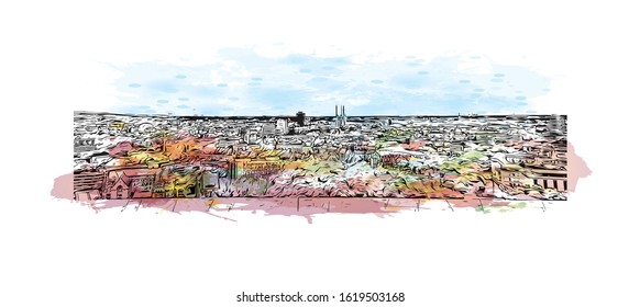 Building view with landmark of Hanover or Hannover is the capital of and largest city in the state of Lower Saxony. Watercolor splash with Hand drawn sketch illustration in vector.