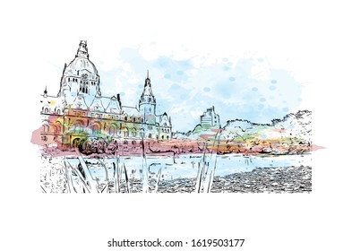 Building view with landmark of Hanover or Hannover is the capital of and largest city in the state of Lower Saxony. Watercolor splash with Hand drawn sketch illustration in vector.