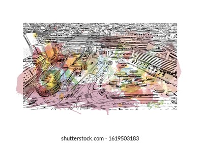 Building view with landmark of Hanover or Hannover is the capital of and largest city in the state of Lower Saxony. Watercolor splash with Hand drawn sketch illustration in vector.
