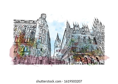 Building view with landmark of Hanover or Hannover is the capital of and largest city in the state of Lower Saxony. Watercolor splash with Hand drawn sketch illustration in vector.