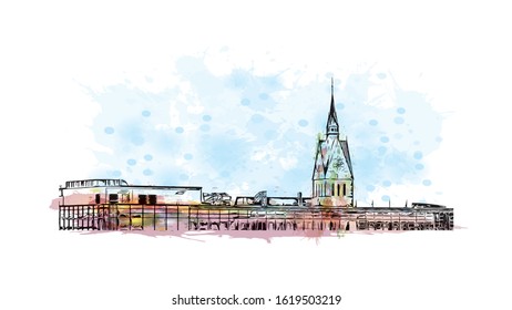 Building view with landmark of Hanover or Hannover is the capital of and largest city in the state of Lower Saxony. Watercolor splash with Hand drawn sketch illustration in vector.