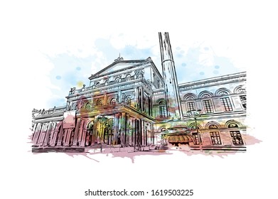 Building view with landmark of Hanover or Hannover is the capital of and largest city in the state of Lower Saxony. Watercolor splash with Hand drawn sketch illustration in vector.