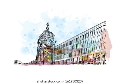 Building view with landmark of Hanover or Hannover is the capital of and largest city in the state of Lower Saxony. Watercolor splash with Hand drawn sketch illustration in vector.