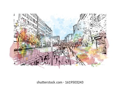 Building view with landmark of Hanover or Hannover is the capital of and largest city in the state of Lower Saxony. Watercolor splash with Hand drawn sketch illustration in vector.