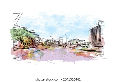 Building view with landmark of Hartford is the capital in Connecticut. Watercolor splash with hand drawn sketch illustration in vector.
