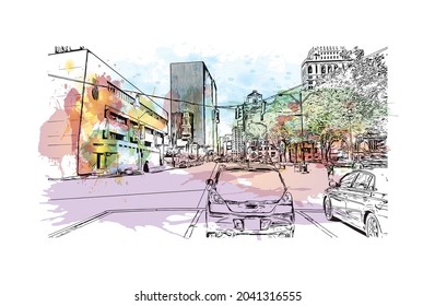 Building view with landmark of Hartford is the capital in Connecticut. Watercolor splash with hand drawn sketch illustration in vector.