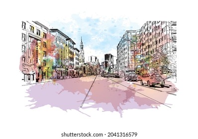 Building view with landmark of Hartford is the capital in Connecticut. Watercolor splash with hand drawn sketch illustration in vector.