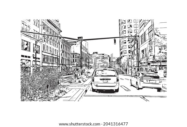 Building view with\
landmark of Hartford is the capital in Connecticut. Hand drawn\
sketch illustration in\
vector.