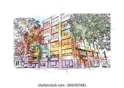 Building view with landmark of Hasselt is the 
city in Belgium. Watercolor splash with hand drawn sketch illustration in vector.