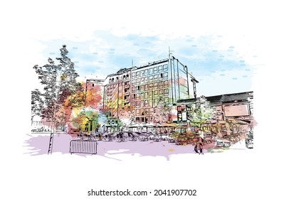 Building view with landmark of Hasselt is the 
city in Belgium. Watercolor splash with hand drawn sketch illustration in vector.