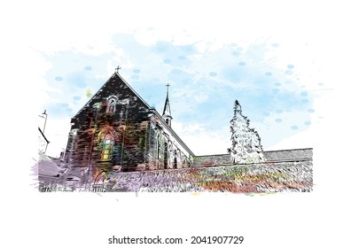 Building view with landmark of Hasselt is the 
city in Belgium. Watercolor splash with hand drawn sketch illustration in vector.