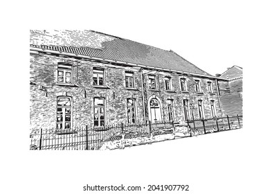 Building view with landmark of Hasselt is the 
city in Belgium. Hand drawn sketch illustration in vector.