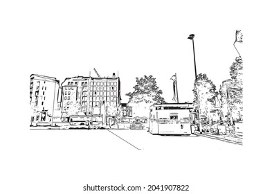 Building view with landmark of Hasselt is the 
city in Belgium. Hand drawn sketch illustration in vector.