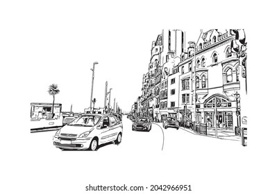 Building view with landmark of Hastings is the 
town in England. Hand drawn sketch illustration in vector.