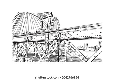 Building view with landmark of Hastings is the 
town in England. Hand drawn sketch illustration in vector.