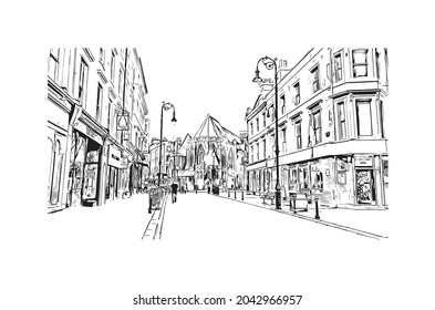 Building view with landmark of Hastings is the 
town in England. Hand drawn sketch illustration in vector.