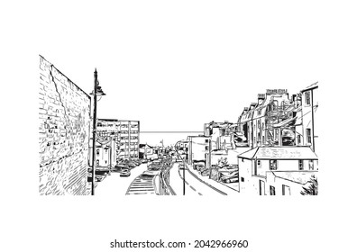 Building view with landmark of Hastings is the 
town in England. Hand drawn sketch illustration in vector.