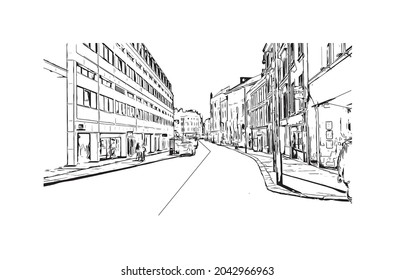 Building view with landmark of Hastings is the 
town in England. Hand drawn sketch illustration in vector.