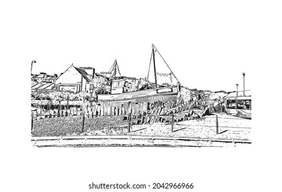 Building view with landmark of Hastings is the 
town in England. Hand drawn sketch illustration in vector.