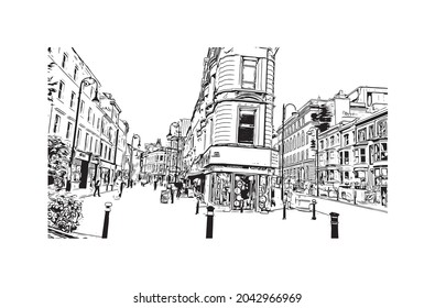 Building view with landmark of Hastings is the 
town in England. Hand drawn sketch illustration in vector.