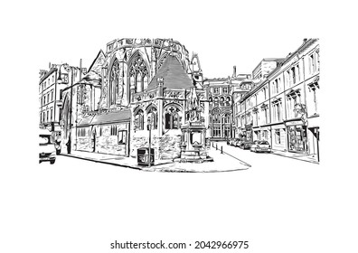 Building view with landmark of Hastings is the 
town in England. Hand drawn sketch illustration in vector.