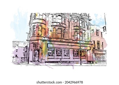 Building view with landmark of Hastings is the 
town in England. Watercolor splash with hand drawn sketch illustration in vector.