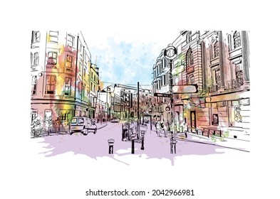 Building view with landmark of Hastings is the 
town in England. Watercolor splash with hand drawn sketch illustration in vector.