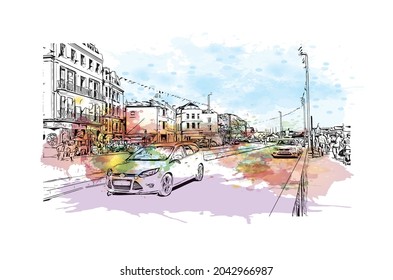 Building view with landmark of Hastings is the 
town in England. Watercolor splash with hand drawn sketch illustration in vector.