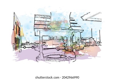 Building view with landmark of Hastings is the 
town in England. Watercolor splash with hand drawn sketch illustration in vector.