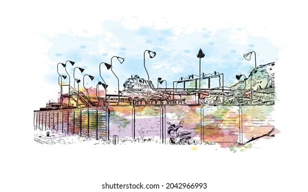 Building view with landmark of Hastings is the 
town in England. Watercolor splash with hand drawn sketch illustration in vector.