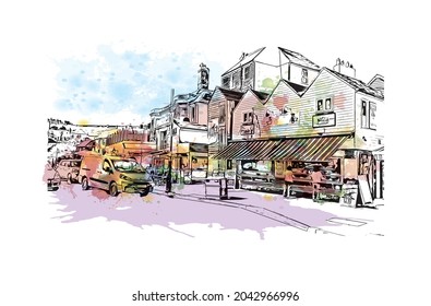 Building view with landmark of Hastings is the 
town in England. Watercolor splash with hand drawn sketch illustration in vector.