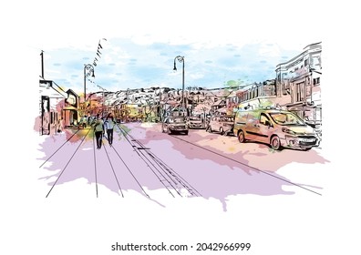 Building view with landmark of Hastings is the 
town in England. Watercolor splash with hand drawn sketch illustration in vector.