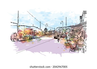 Building view with landmark of Hastings is the 
town in England. Watercolor splash with hand drawn sketch illustration in vector.