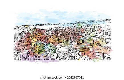 Building view with landmark of Hastings is the 
town in England. Watercolor splash with hand drawn sketch illustration in vector.