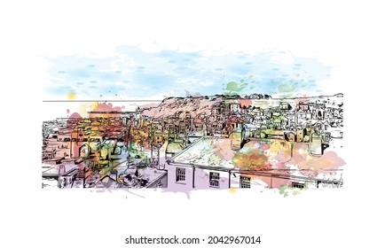 Building view with landmark of Hastings is the 
town in England. Watercolor splash with hand drawn sketch illustration in vector.