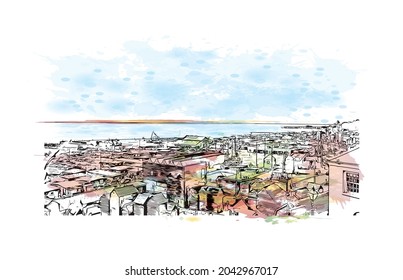 Building view with landmark of Hastings is the 
town in England. Watercolor splash with hand drawn sketch illustration in vector.