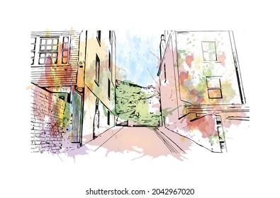 Building view with landmark of Hastings is the 
town in England. Watercolor splash with hand drawn sketch illustration in vector.