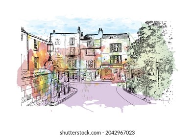 Building view with landmark of Hastings is the 
town in England. Watercolor splash with hand drawn sketch illustration in vector.