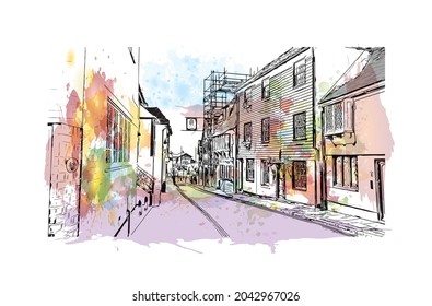 Building view with landmark of Hastings is the 
town in England. Watercolor splash with hand drawn sketch illustration in vector.