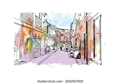 Building view with landmark of Hastings is the 
town in England. Watercolor splash with hand drawn sketch illustration in vector.