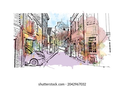 Building view with landmark of Hastings is the 
town in England. Watercolor splash with hand drawn sketch illustration in vector.