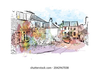 Building view with landmark of Hastings is the 
town in England. Watercolor splash with hand drawn sketch illustration in vector.