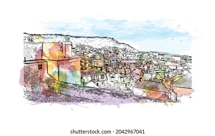 Building view with landmark of Hastings is the 
town in England. Watercolor splash with hand drawn sketch illustration in vector.