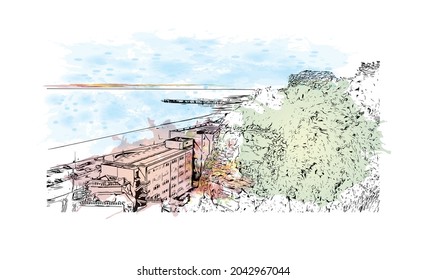 Building view with landmark of Hastings is the 
town in England. Watercolor splash with hand drawn sketch illustration in vector.