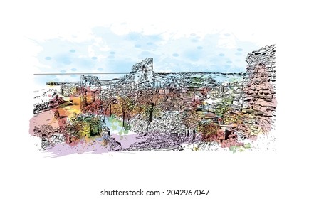 Building view with landmark of Hastings is the 
town in England. Watercolor splash with hand drawn sketch illustration in vector.