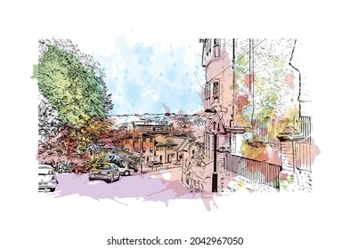 Building view with landmark of Hastings is the 
town in England. Watercolor splash with hand drawn sketch illustration in vector.