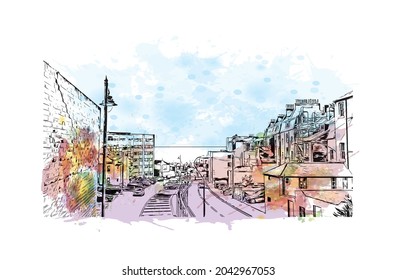 Building view with landmark of Hastings is the 
town in England. Watercolor splash with hand drawn sketch illustration in vector.