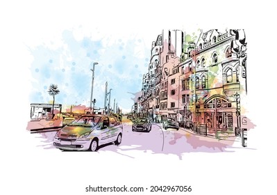 Building view with landmark of Hastings is the 
town in England. Watercolor splash with hand drawn sketch illustration in vector.