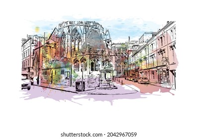 Building view with landmark of Hastings is the 
town in England. Watercolor splash with hand drawn sketch illustration in vector.